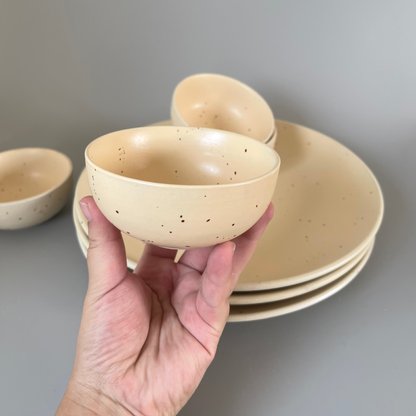 Set of 2 ceramic dinner plates and dal bowls with sunburst matte finish – warm and inviting dinnerware for everyday and hosting