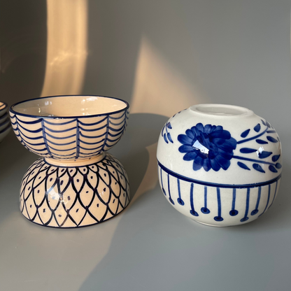 Set of 4 ceramic dal bowls with assorted tribal-inspired prints – vibrant and artistic serveware