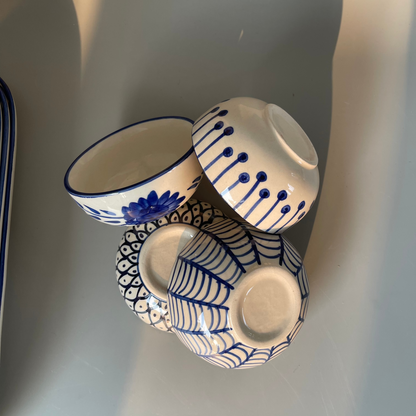 Set of 4 ceramic dal bowls with assorted tribal-inspired prints – vibrant and artistic serveware