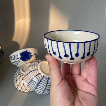 Set of 4 ceramic dal bowls with assorted tribal-inspired prints – vibrant and artistic serveware